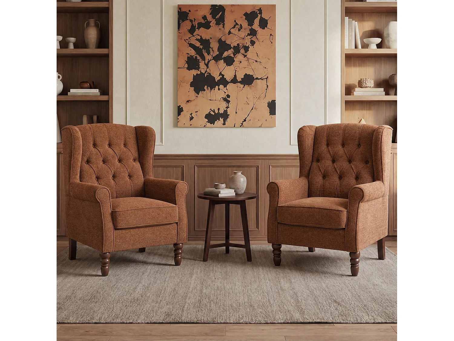Coral Fabric Armchair with Armrests, British Vintage Style Accent Chair with Solid Wood Frame