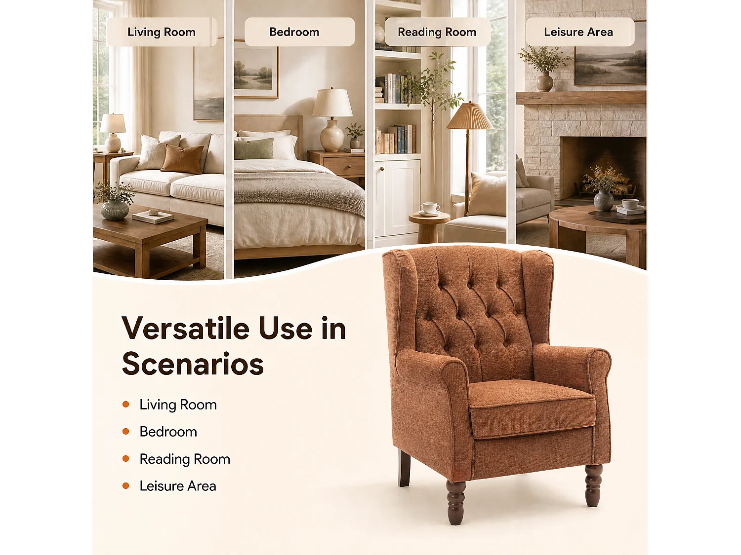 Coral Fabric Armchair with Armrests, British Vintage Style Accent Chair with Solid Wood Frame