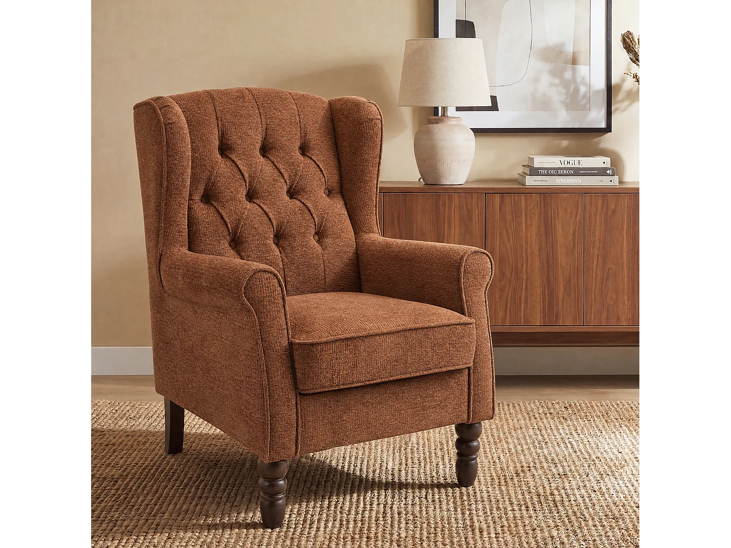 Coral Fabric Armchair with Armrests, British Vintage Style Accent Chair with Solid Wood Frame