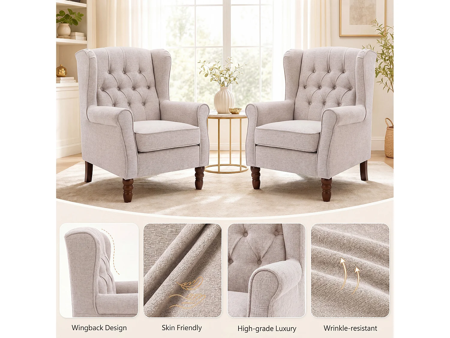 Beige Fabric Armchair with Armrests, British Vintage Style Accent Chair with Solid Wood Frame