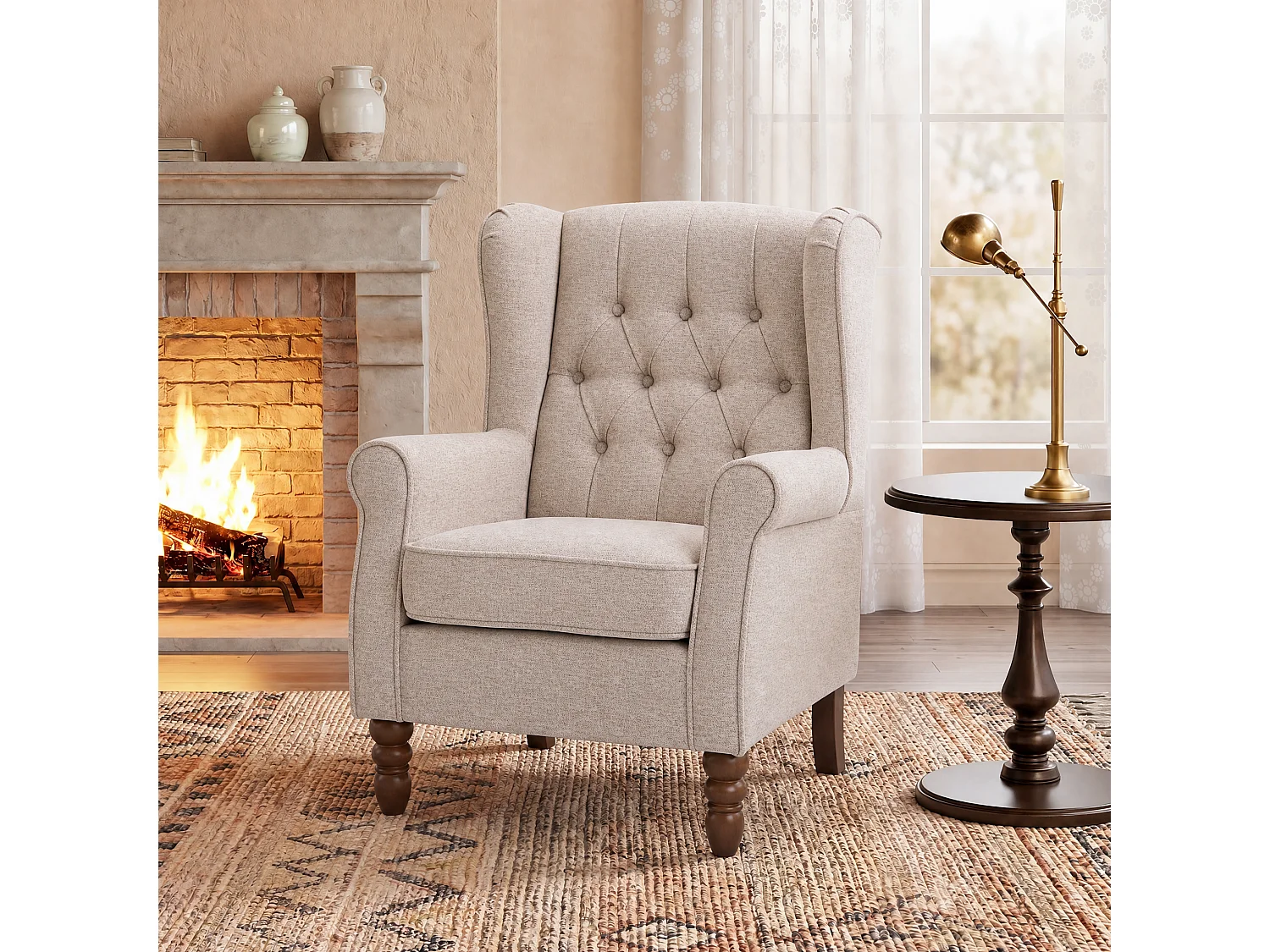 Beige Fabric Armchair with Armrests, British Vintage Style Accent Chair with Solid Wood Frame
