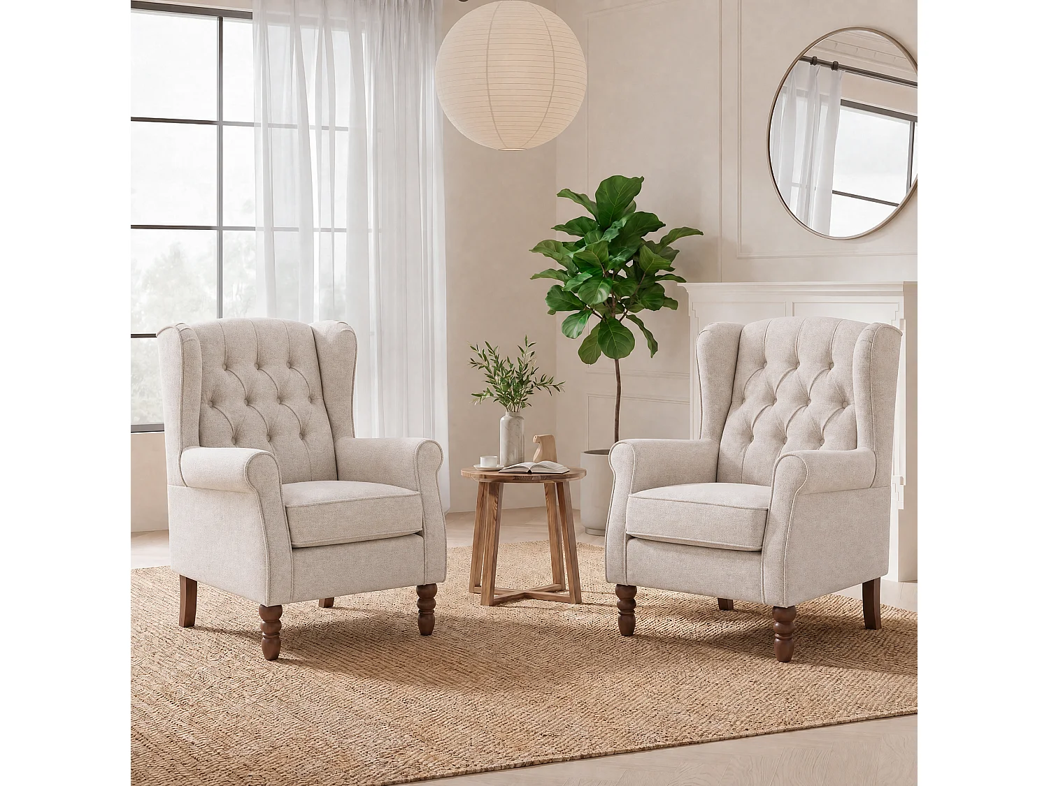 Beige Fabric Armchair with Armrests, British Vintage Style Accent Chair with Solid Wood Frame