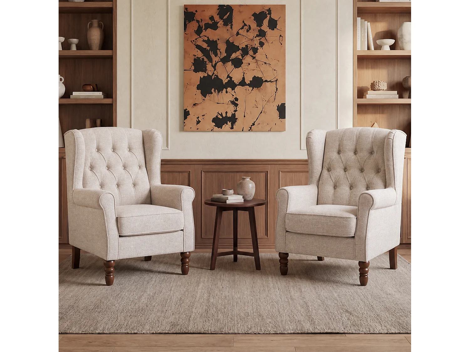 Beige Fabric Armchair with Armrests, British Vintage Style Accent Chair with Solid Wood Frame