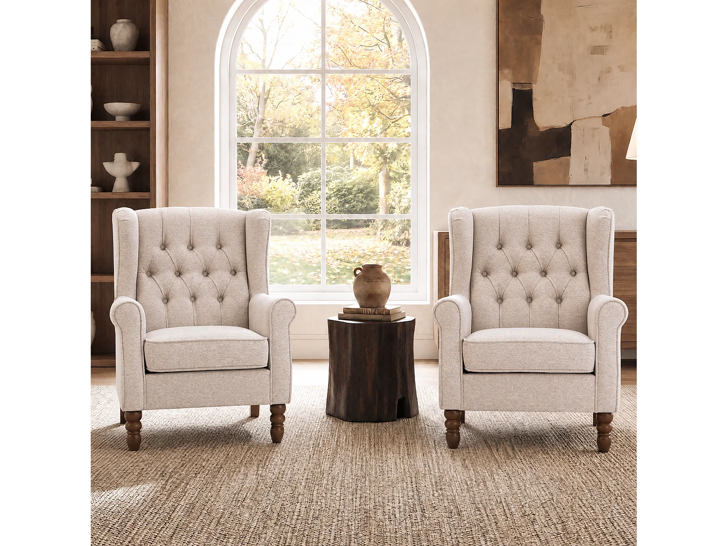 Beige Fabric Armchair with Armrests, British Vintage Style Accent Chair with Solid Wood Frame