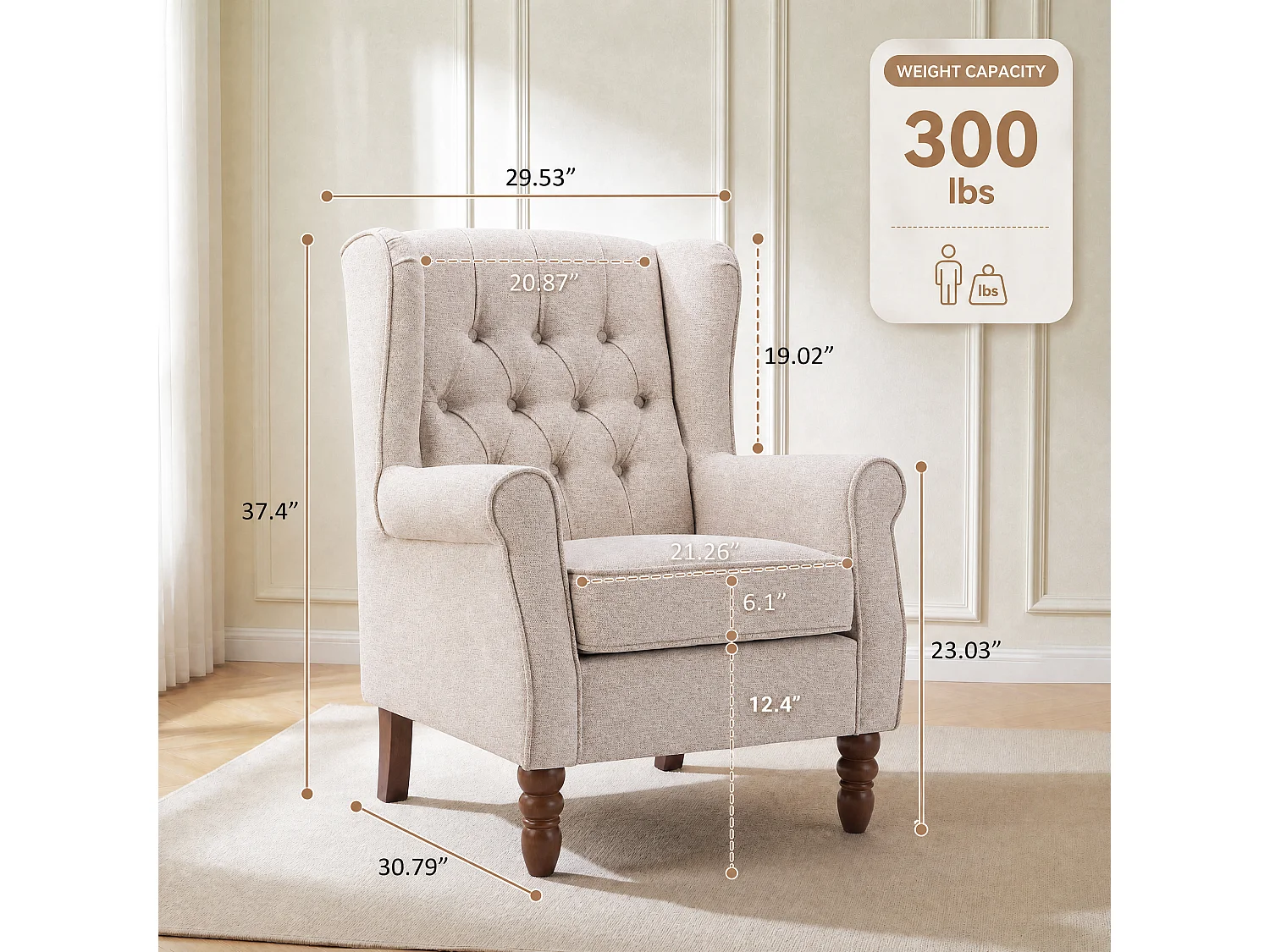 Beige Fabric Armchair with Armrests, British Vintage Style Accent Chair with Solid Wood Frame