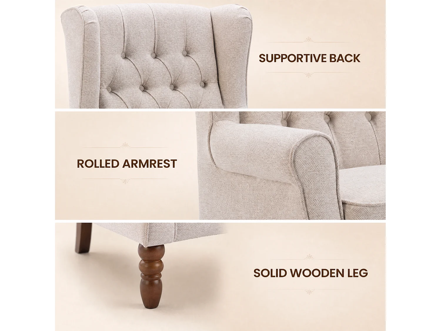 Beige Fabric Armchair with Armrests, British Vintage Style Accent Chair with Solid Wood Frame