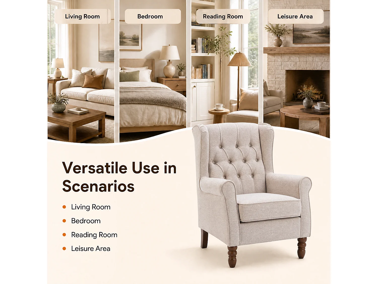 Beige Fabric Armchair with Armrests, British Vintage Style Accent Chair with Solid Wood Frame