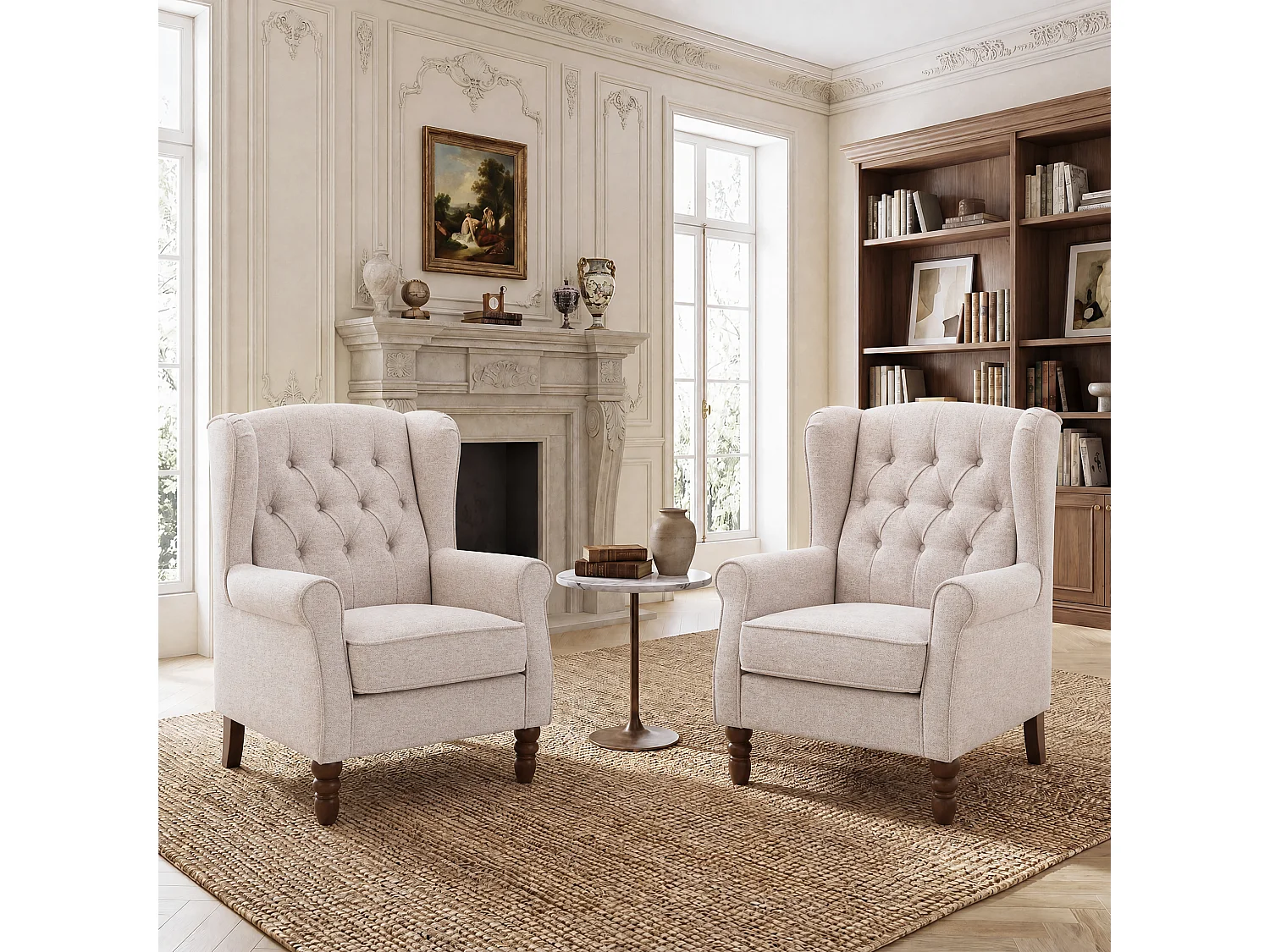 Beige Fabric Armchair with Armrests, British Vintage Style Accent Chair with Solid Wood Frame