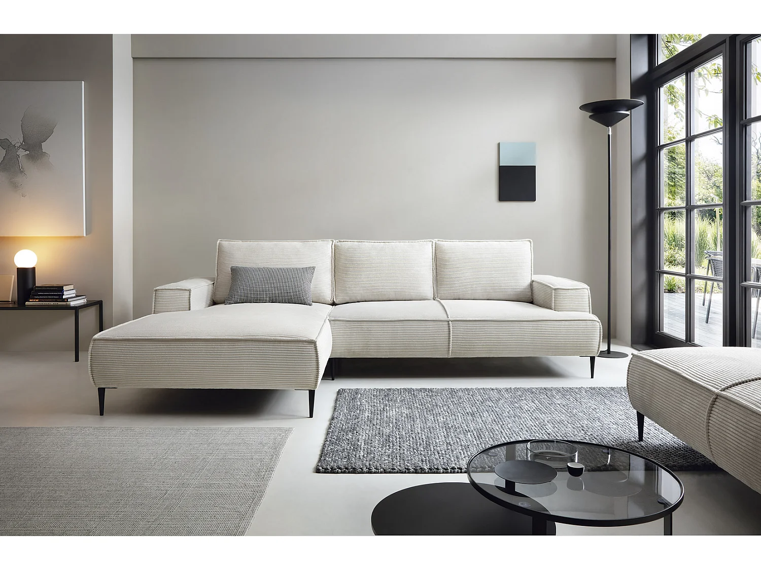 Canapé d'angle fixe 275 cm Harmonia M, tissu en velours côtelé, style moderne, sur pieds, gauche, Écru