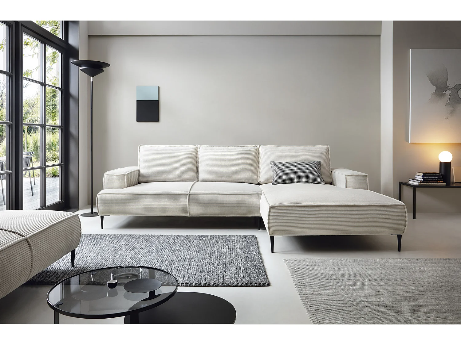 Canapé d'angle fixe 275 cm Harmonia M, tissu en velours côtelé, style moderne, sur pieds, droite, Écru