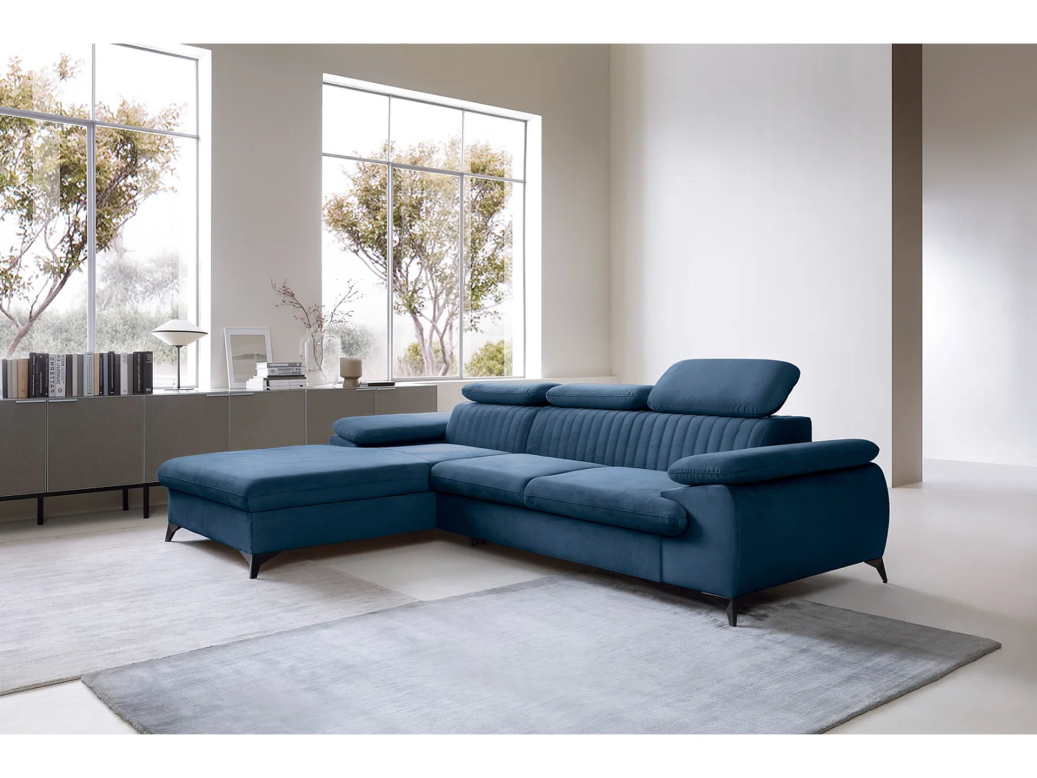 Hoekbank met verstelbare hoofdsteunen Xanto M, 280x193 cm, slaapfunctie en opbergruimte, links, Blauw