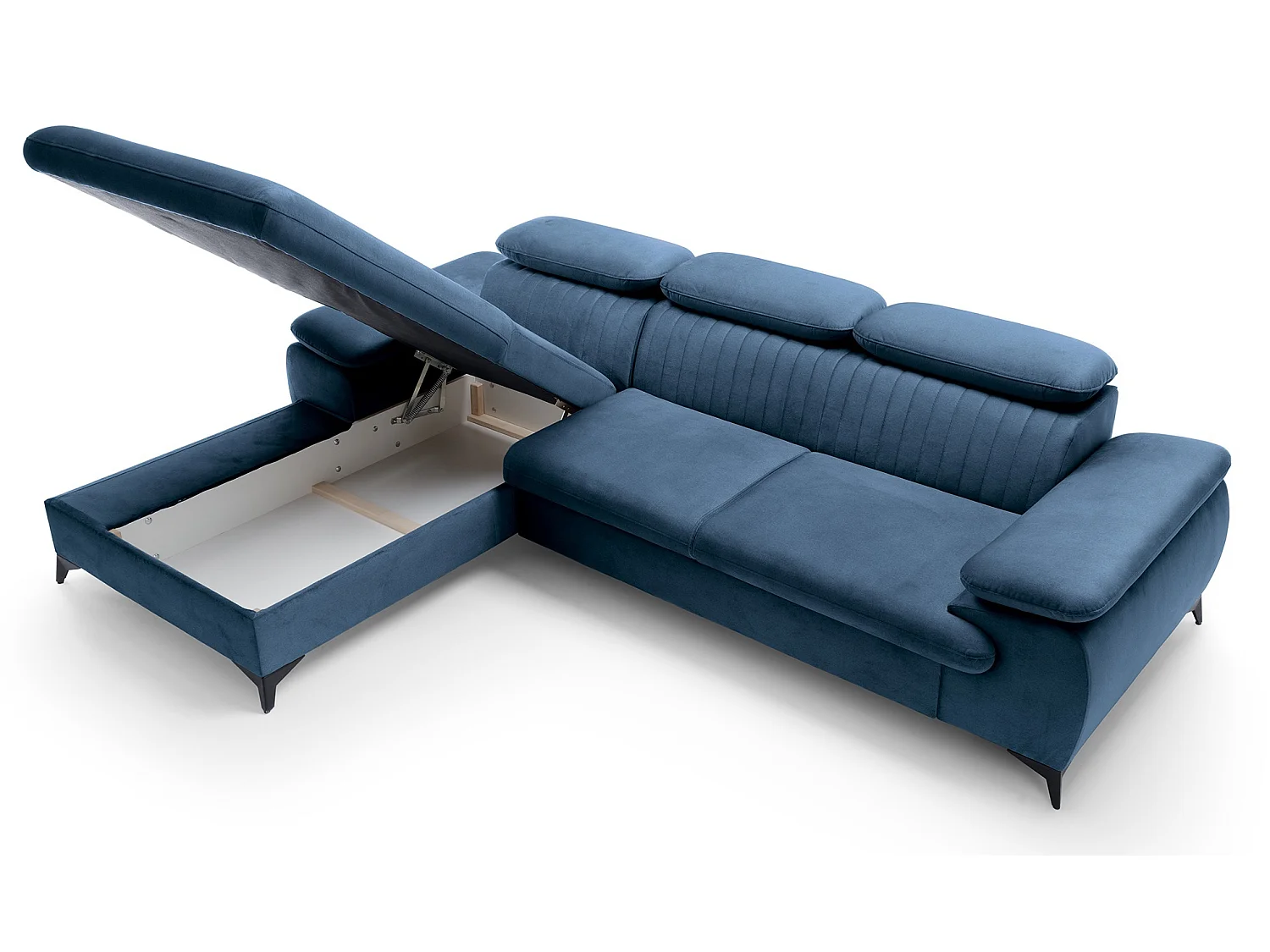 Hoekbank met verstelbare hoofdsteunen Xanto M, 280x193 cm, slaapfunctie en opbergruimte, links, Blauw