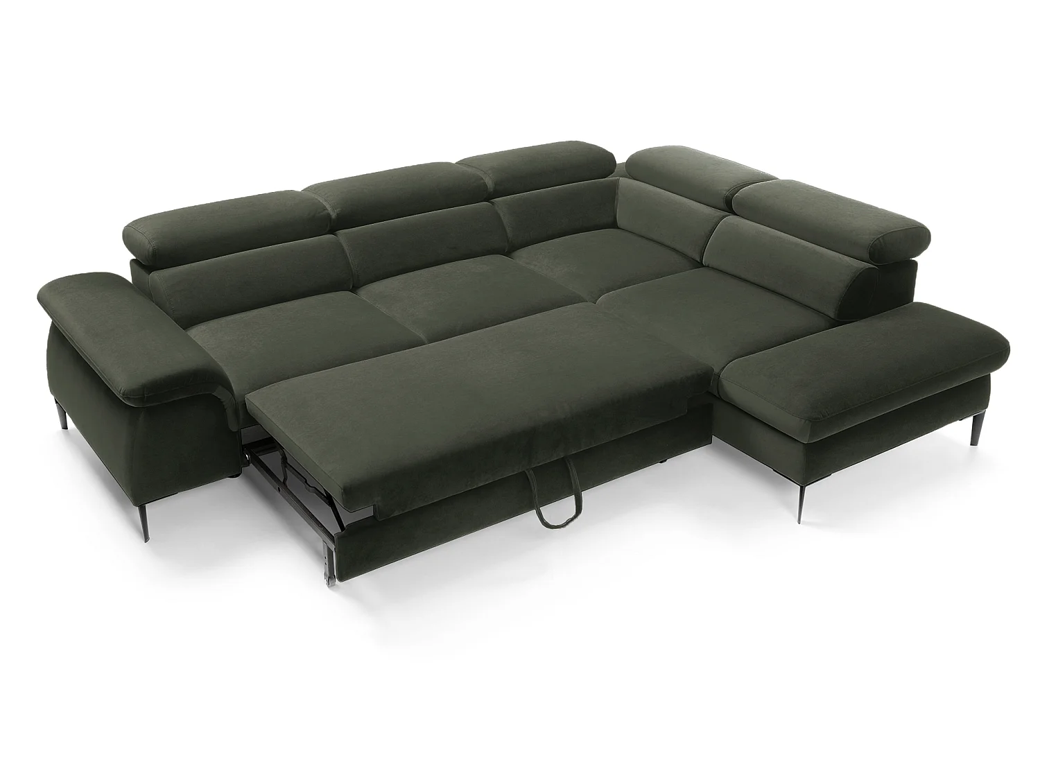 Canapé d'angle 280 cm Amaro L, têtières réglables, coffre de rangement, 5 places, droite, Vert