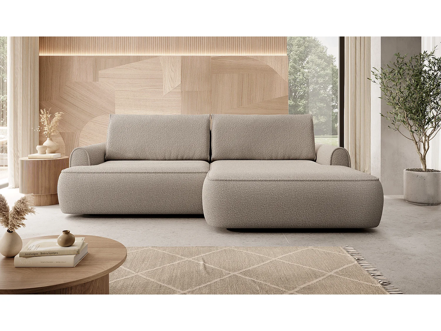 Hoekbank 250 cm Mareno in bouclé stof, moderne stijl, slaapfunctie en opbergruimte, rechterhoek, Beige