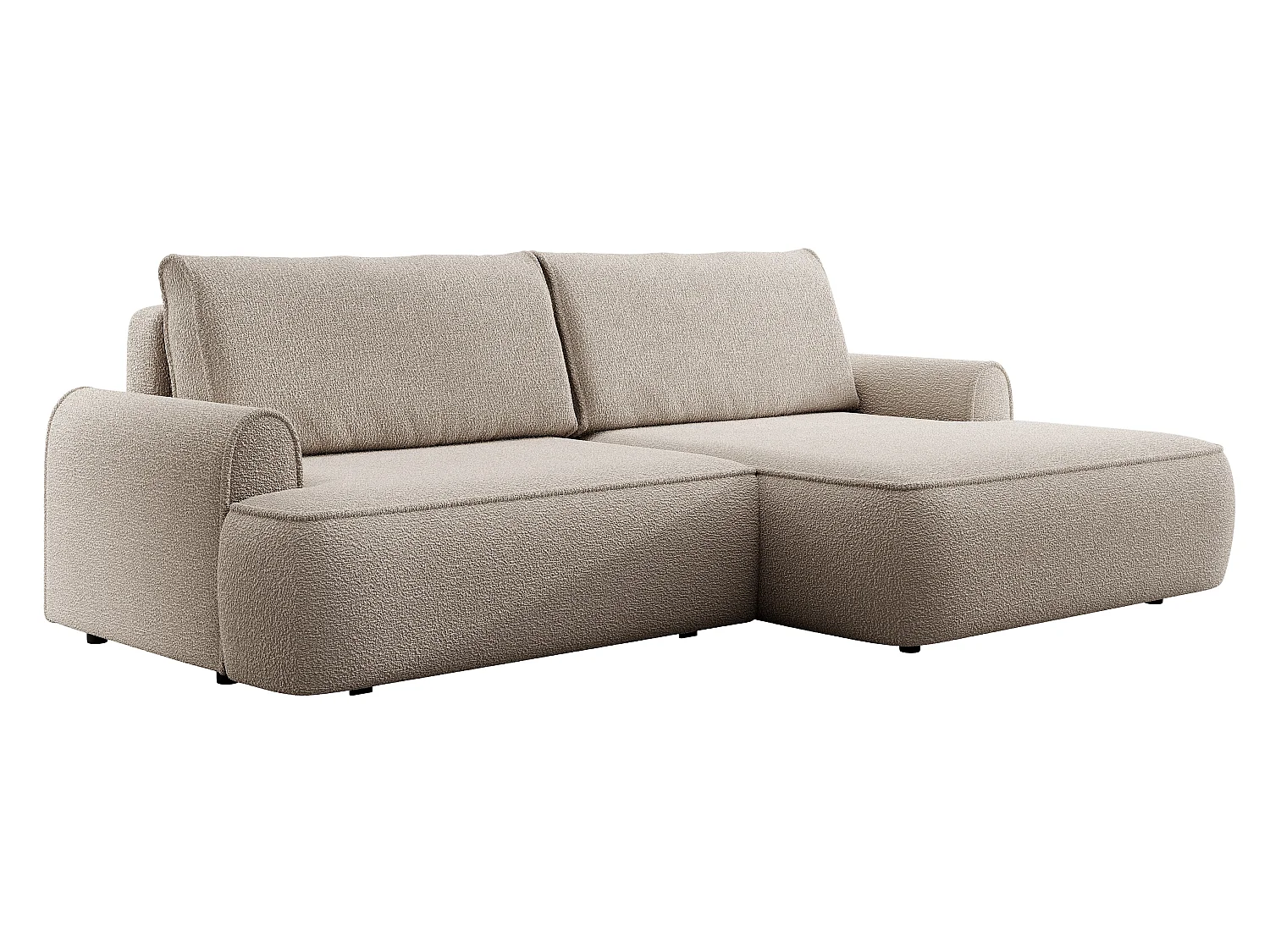 Hoekbank 250 cm Mareno in bouclé stof, moderne stijl, slaapfunctie en opbergruimte, rechterhoek, Beige