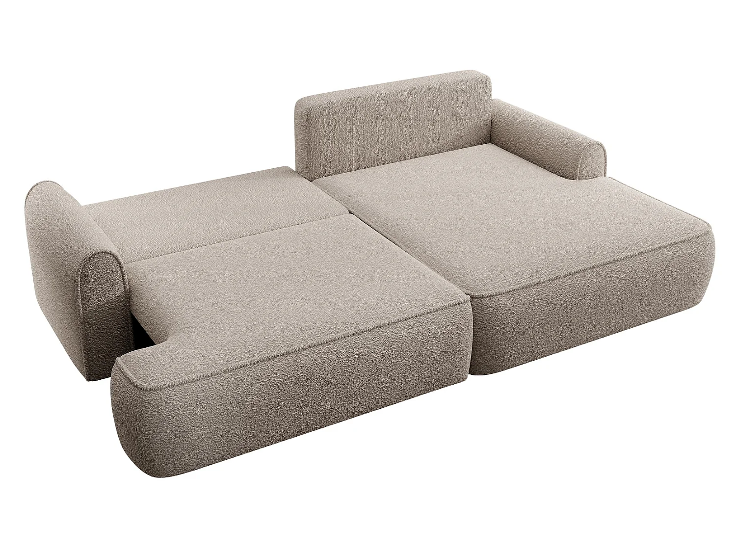 Hoekbank 250 cm Mareno in bouclé stof, moderne stijl, slaapfunctie en opbergruimte, rechterhoek, Beige