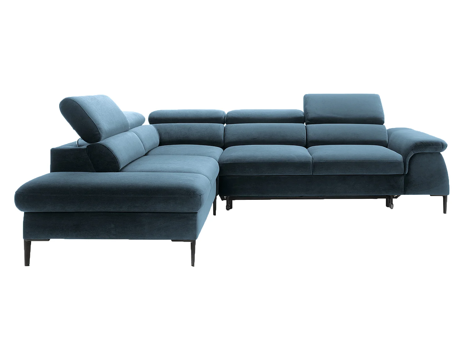 Canapé d'angle 280 cm Amaro L, têtières réglables, coffre de rangement, 5 places, gauche, Bleu