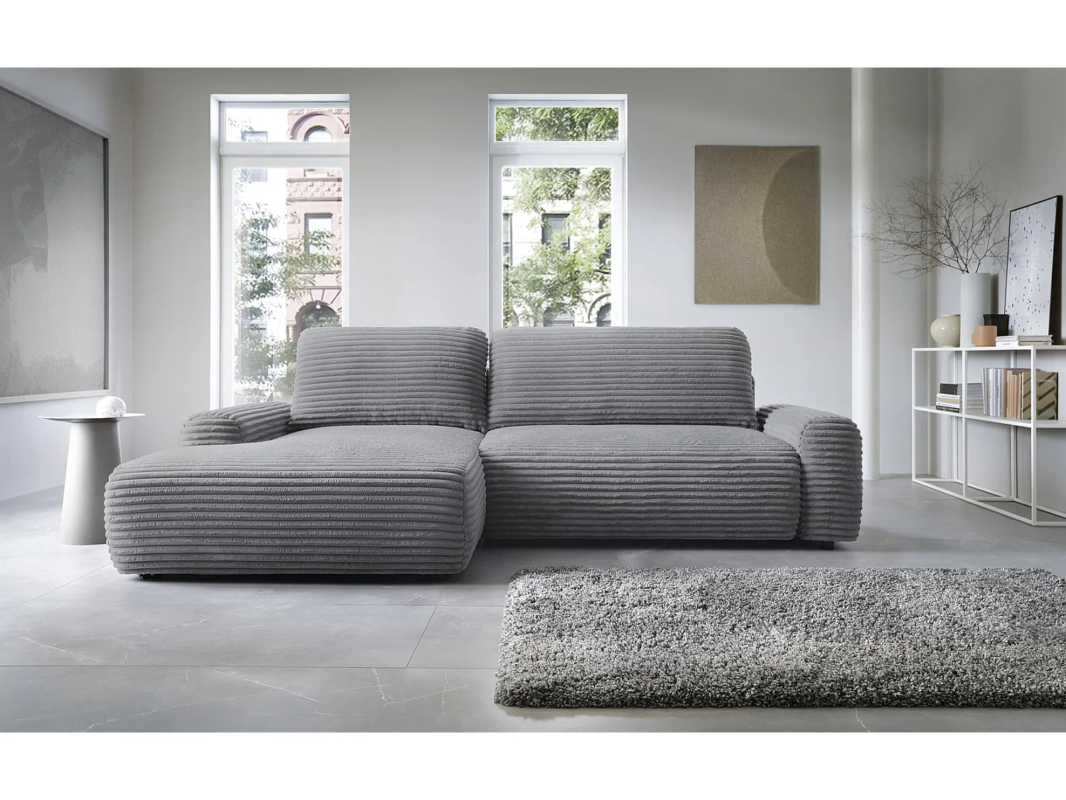 Canapé d'angle convertible 260 cm Cantara, tissu en velours côtelé, coffre de rangement, gauche, Gris foncé