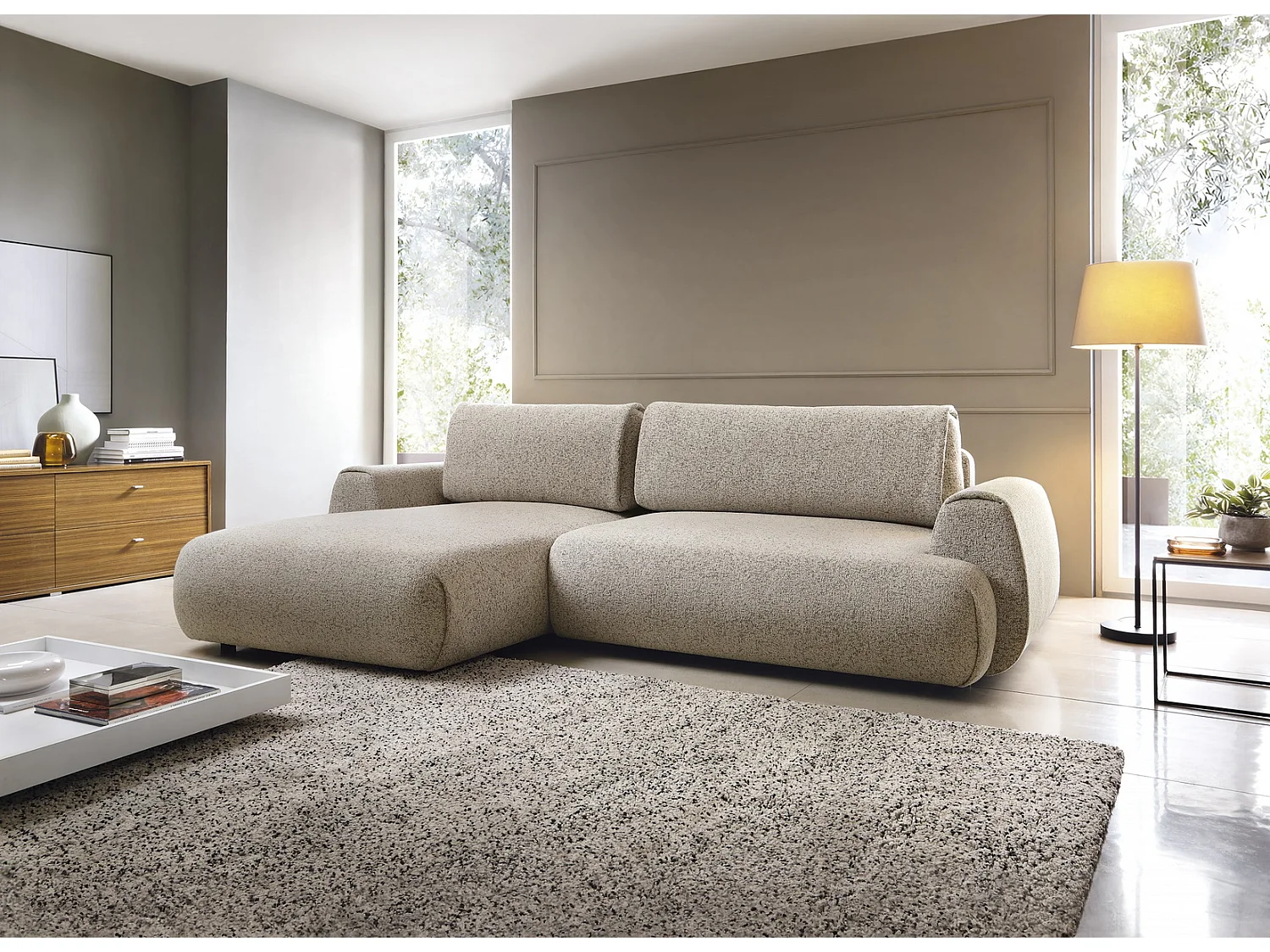 Hoekbank met opbergruimte 270 cm Ralto, moderne stijl, slaapfunctie, 5-zits, links, Beige