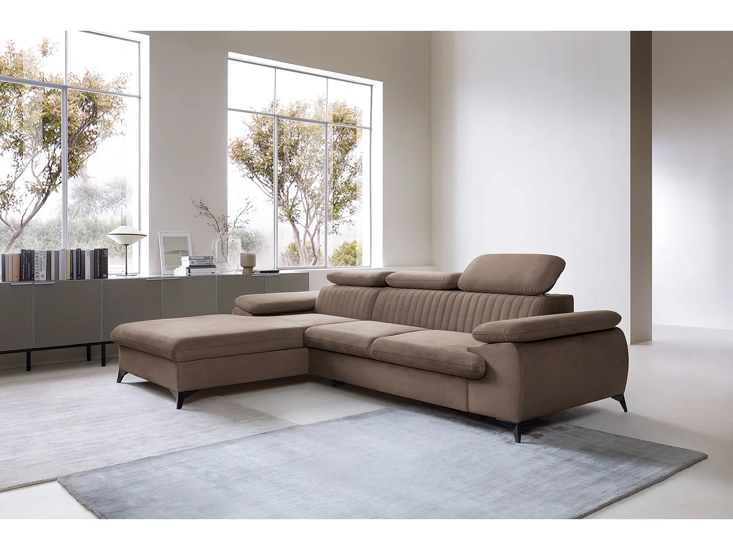 Hoekbank met verstelbare hoofdsteunen Xanto M, 280x193 cm, slaapfunctie en opbergruimte, links, Bruin
