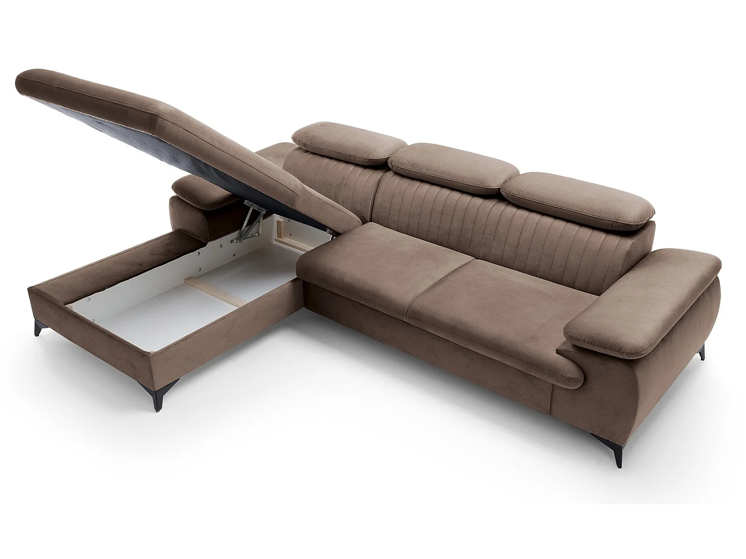 Hoekbank met verstelbare hoofdsteunen Xanto M, 280x193 cm, slaapfunctie en opbergruimte, links, Bruin