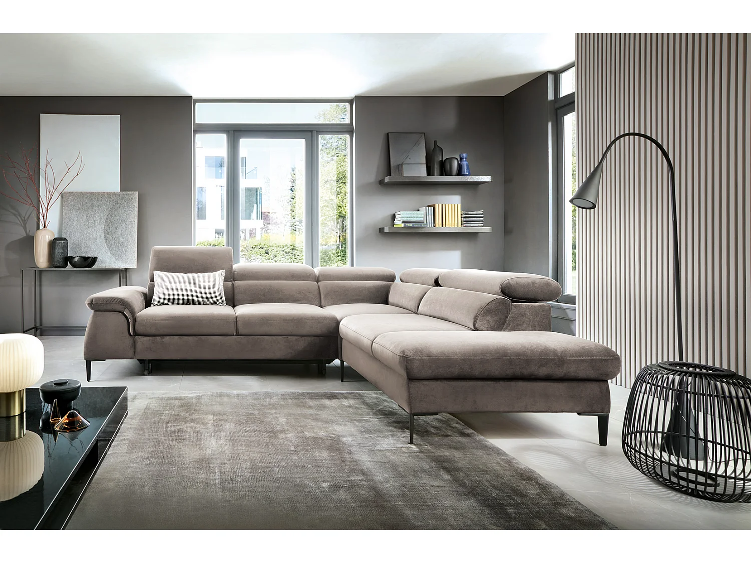 Canapé d'angle 280 cm Amaro L, têtières réglables, coffre de rangement, 5 places, droite, Beige foncé