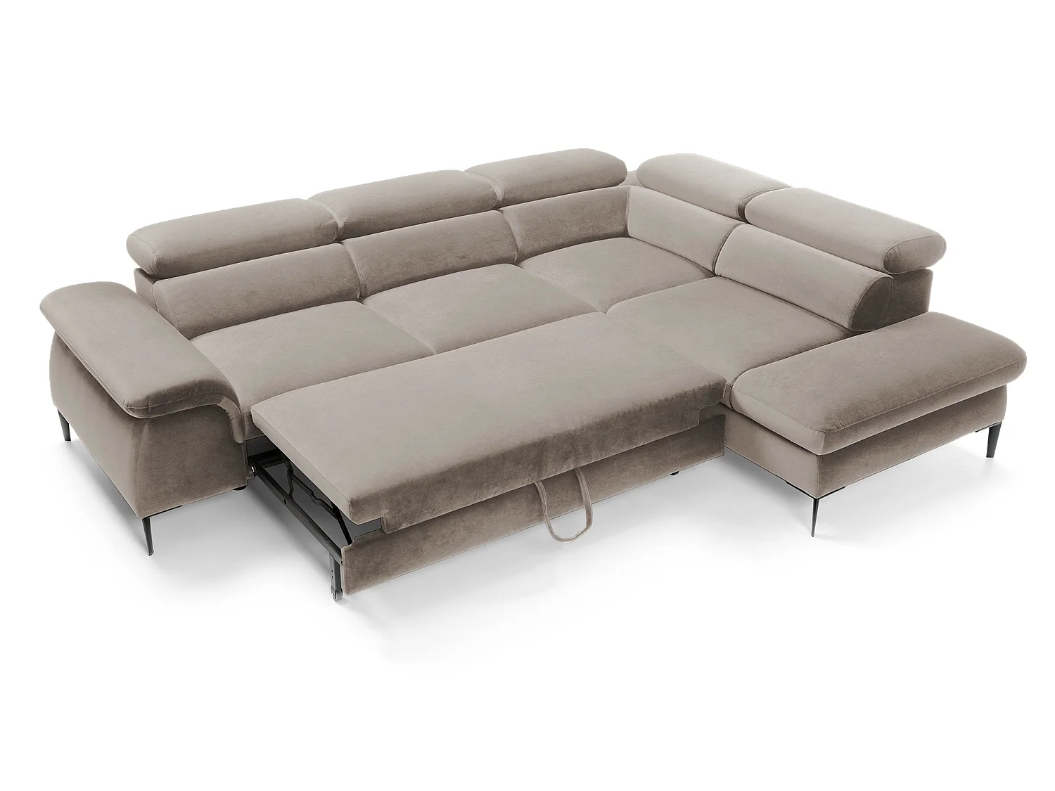 Canapé d'angle 280 cm Amaro L, têtières réglables, coffre de rangement, 5 places, droite, Beige foncé