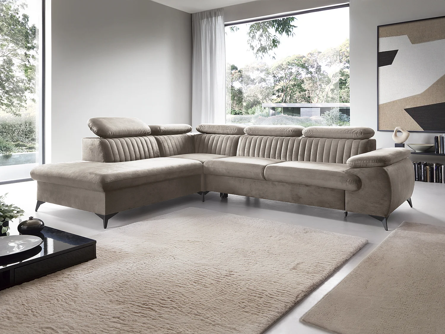 Canapé d'angle convertible Xanto L, 275x221 cm, têtières réglables, coffre de rangement, gauche, Marron clair