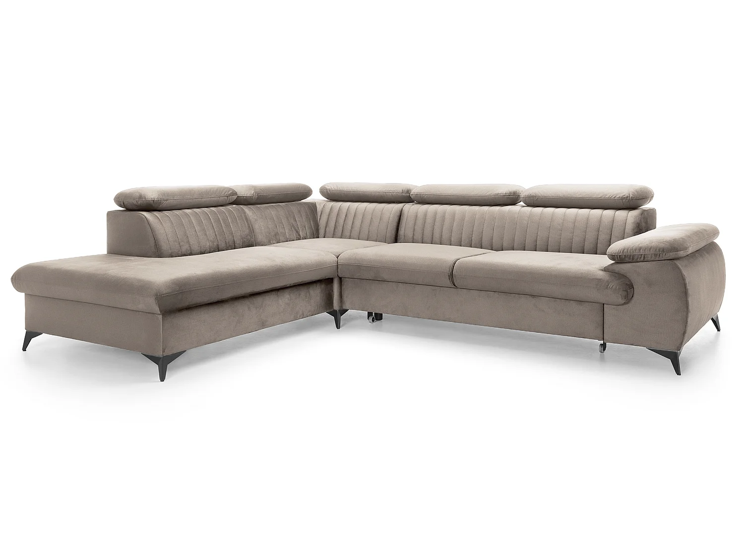 Canapé d'angle convertible Xanto L, 275x221 cm, têtières réglables, coffre de rangement, gauche, Marron clair