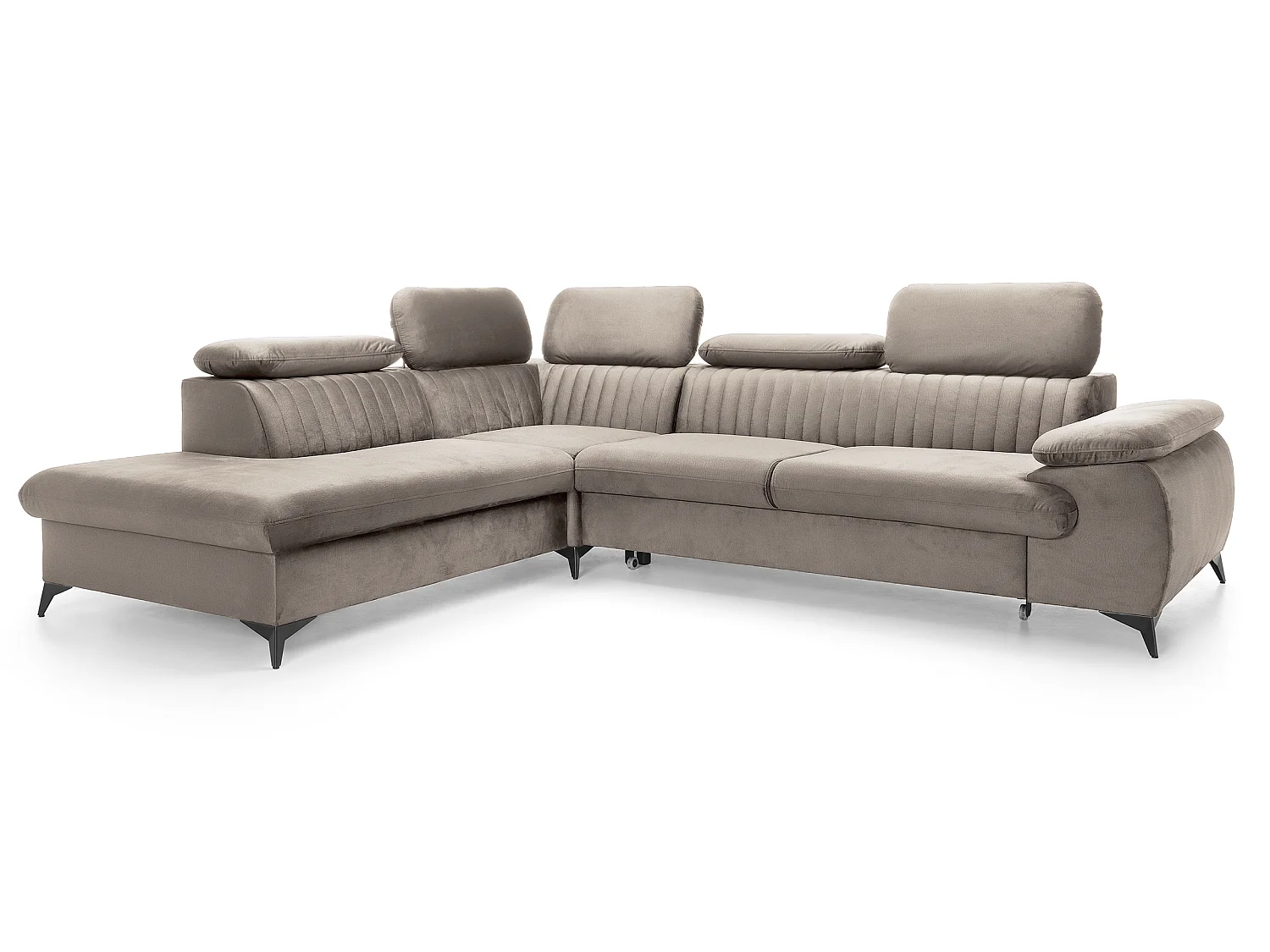 Canapé d'angle convertible Xanto L, 275x221 cm, têtières réglables, coffre de rangement, gauche, Marron clair