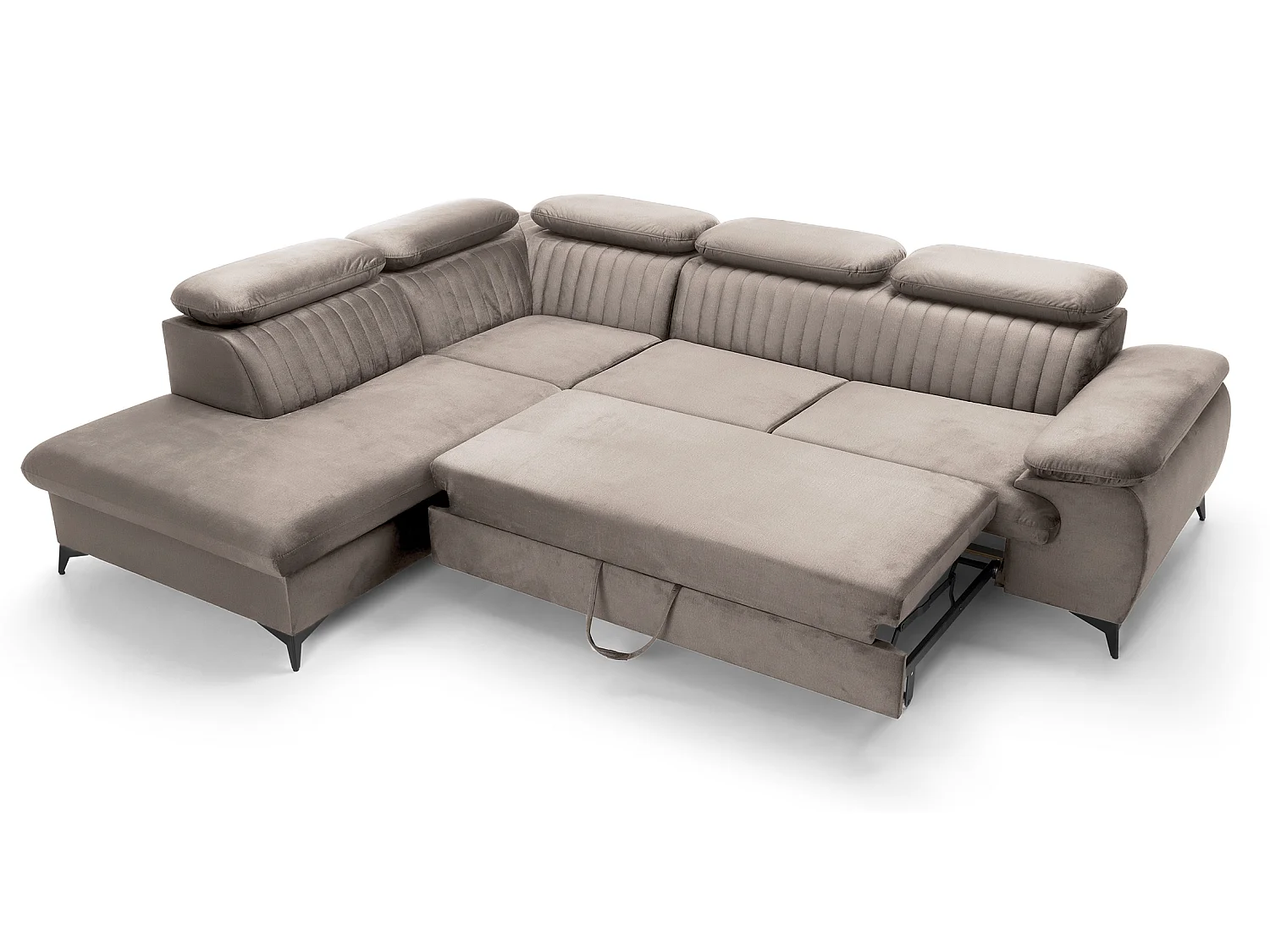 Canapé d'angle convertible Xanto L, 275x221 cm, têtières réglables, coffre de rangement, gauche, Marron clair