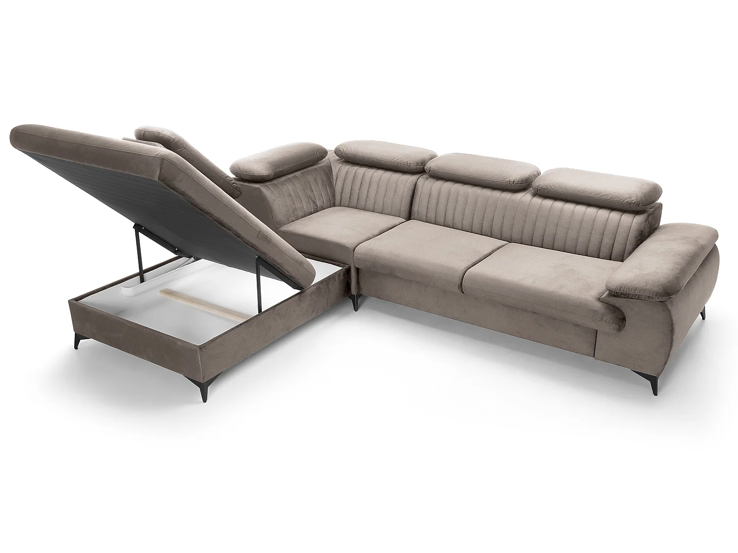 Canapé d'angle convertible Xanto L, 275x221 cm, têtières réglables, coffre de rangement, gauche, Marron clair