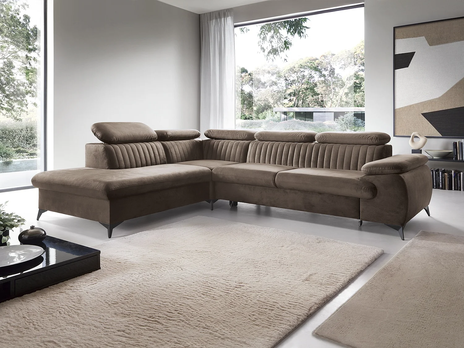 Canapé d'angle convertible Xanto L, 275x221 cm, têtières réglables, coffre de rangement, gauche, Marron