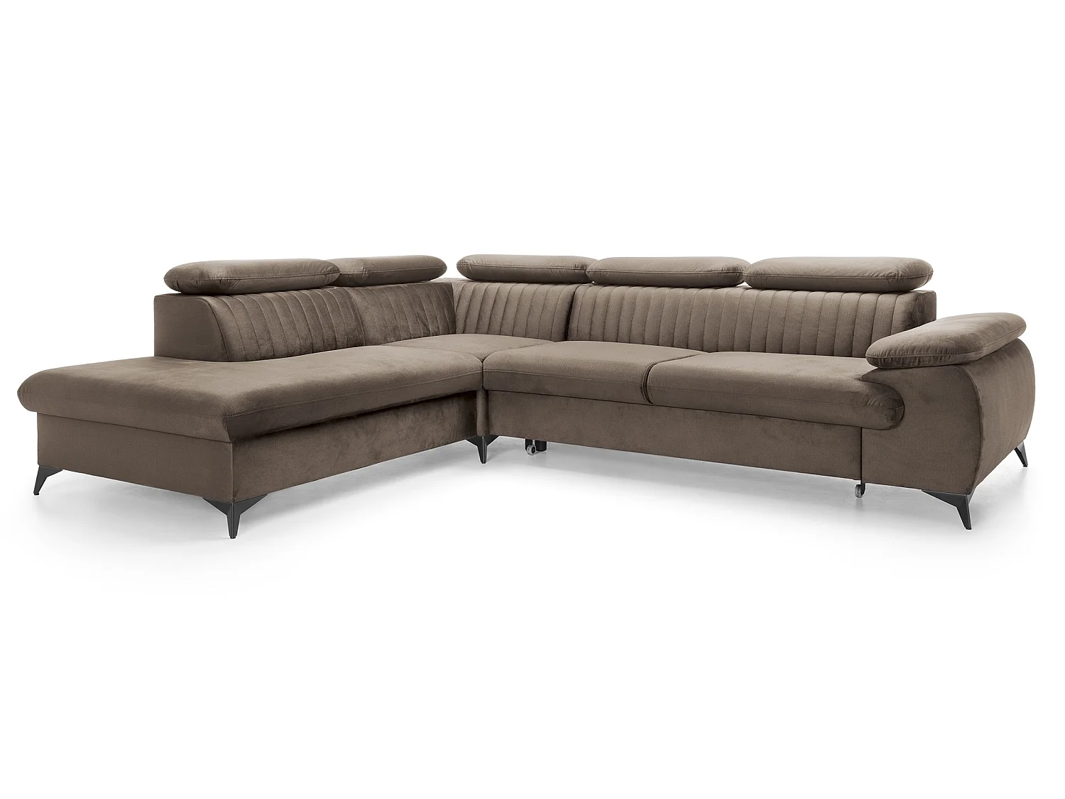 Canapé d'angle convertible Xanto L, 275x221 cm, têtières réglables, coffre de rangement, gauche, Marron