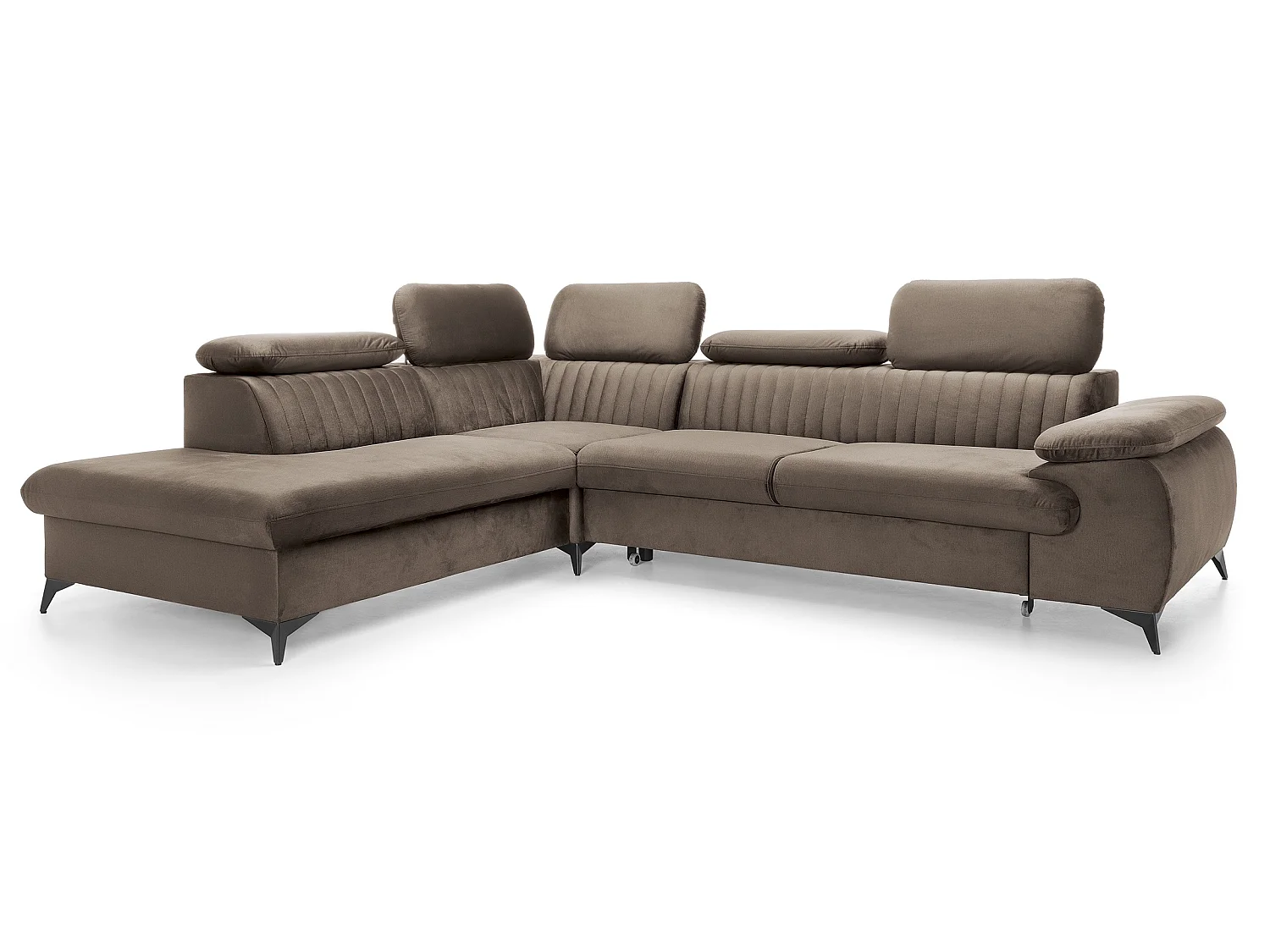 Canapé d'angle convertible Xanto L, 275x221 cm, têtières réglables, coffre de rangement, gauche, Marron