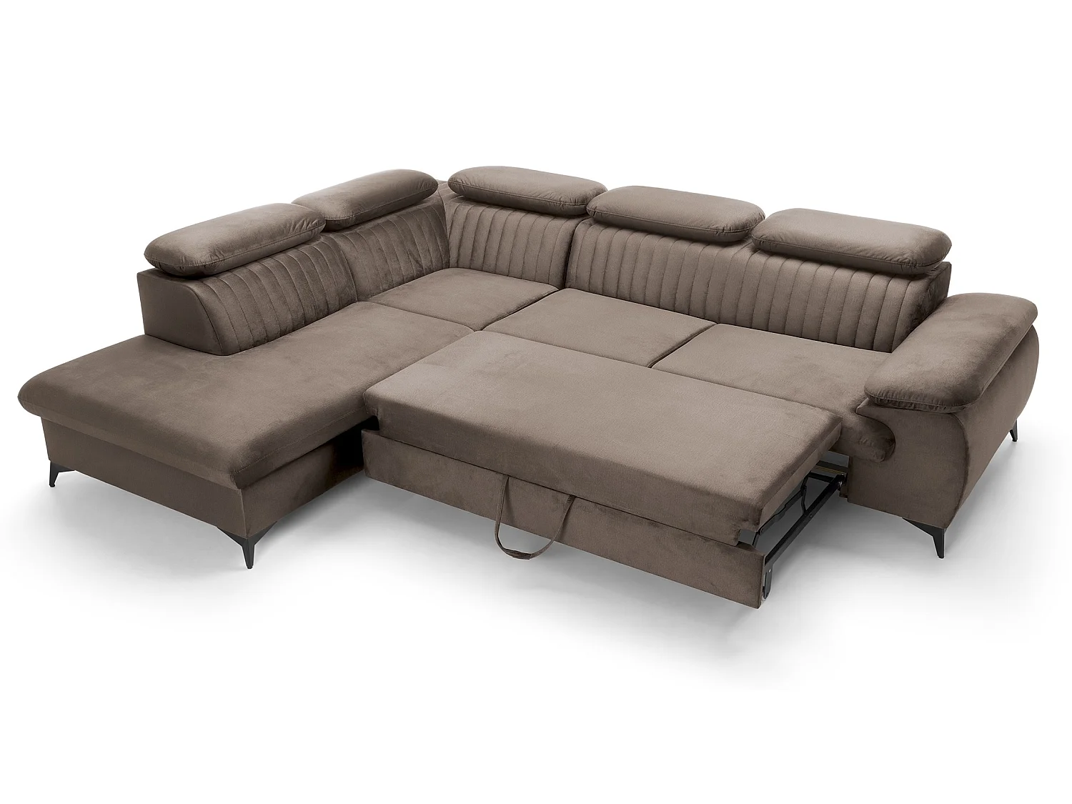 Canapé d'angle convertible Xanto L, 275x221 cm, têtières réglables, coffre de rangement, gauche, Marron