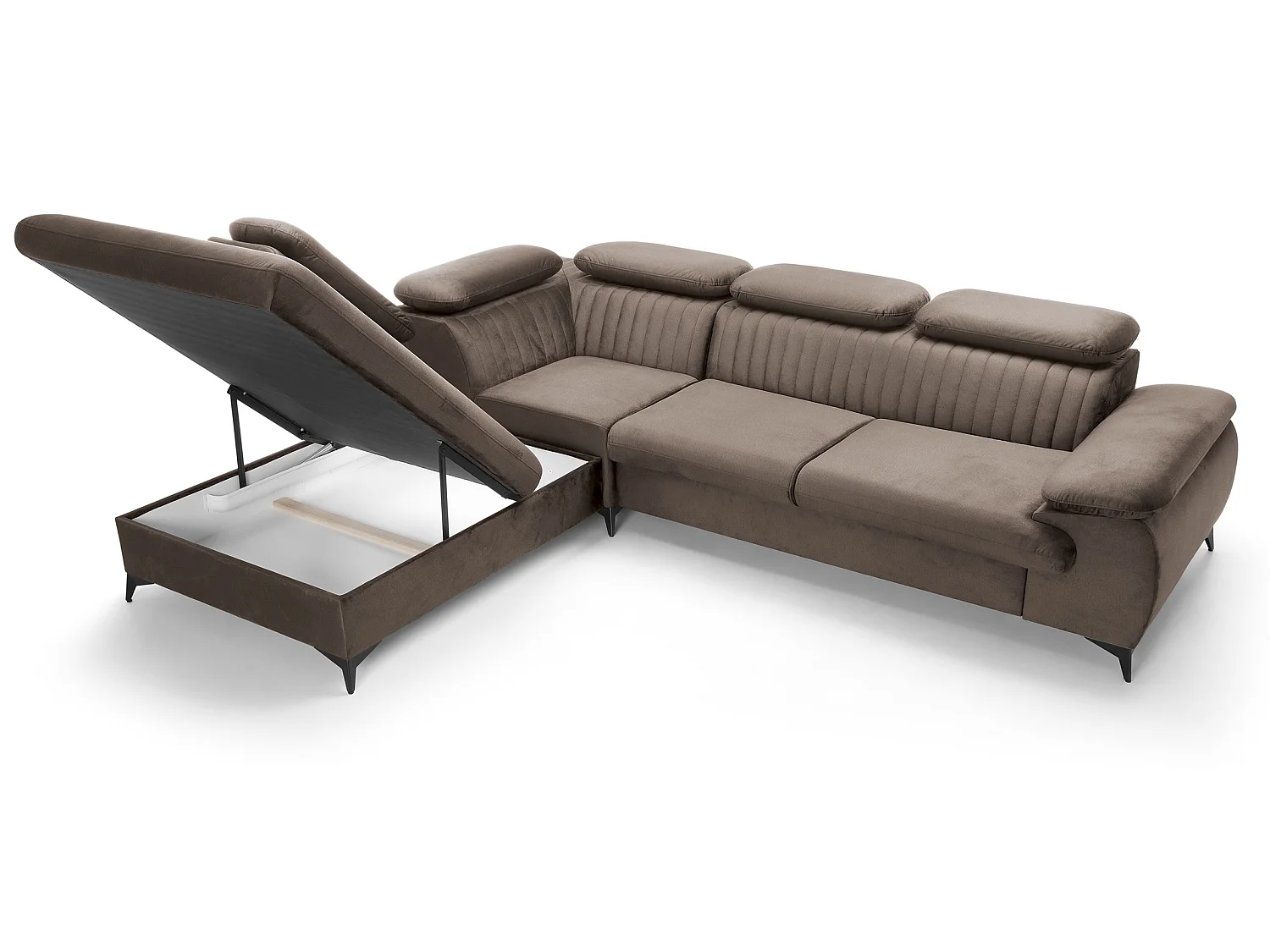 Canapé d'angle convertible Xanto L, 275x221 cm, têtières réglables, coffre de rangement, gauche, Marron