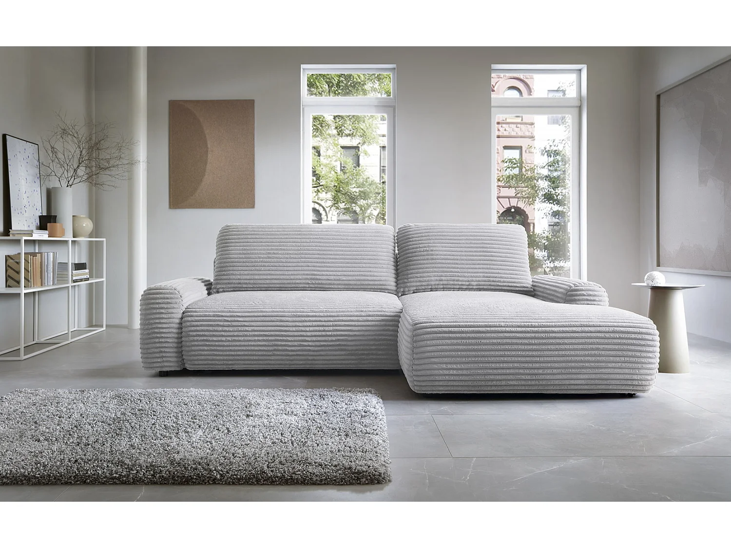 Canapé d'angle convertible 260 cm Cantara, tissu en velours côtelé, coffre de rangement, droite, Gris