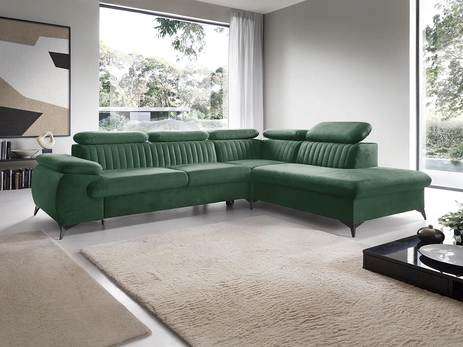 Hoekbank 275x221 cm Xanto L, verstelbare hoofdsteunen, slaapfunctie en opbergruimte, rechts, Groen