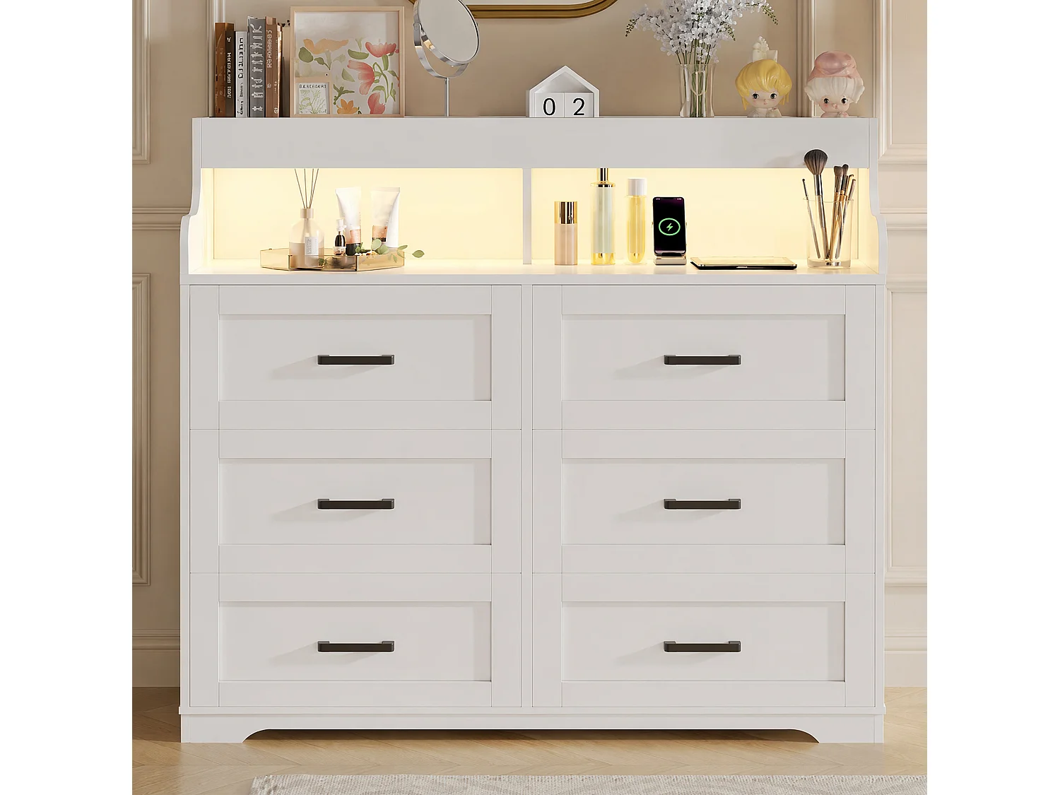 Commode blanche 6 tiroirs 110×40×99 cm avec éclairage RGB-LED et prise européenne, commode en bois style scandinave