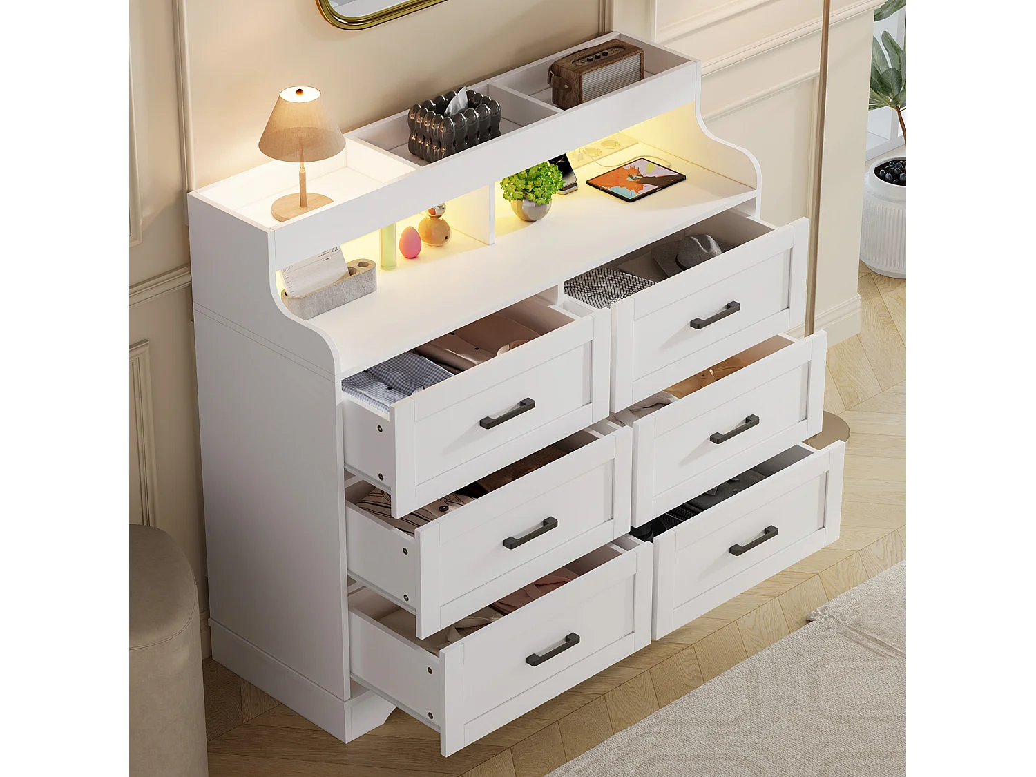 Commode blanche 6 tiroirs 110×40×99 cm avec éclairage RGB-LED et prise européenne, commode en bois style scandinave