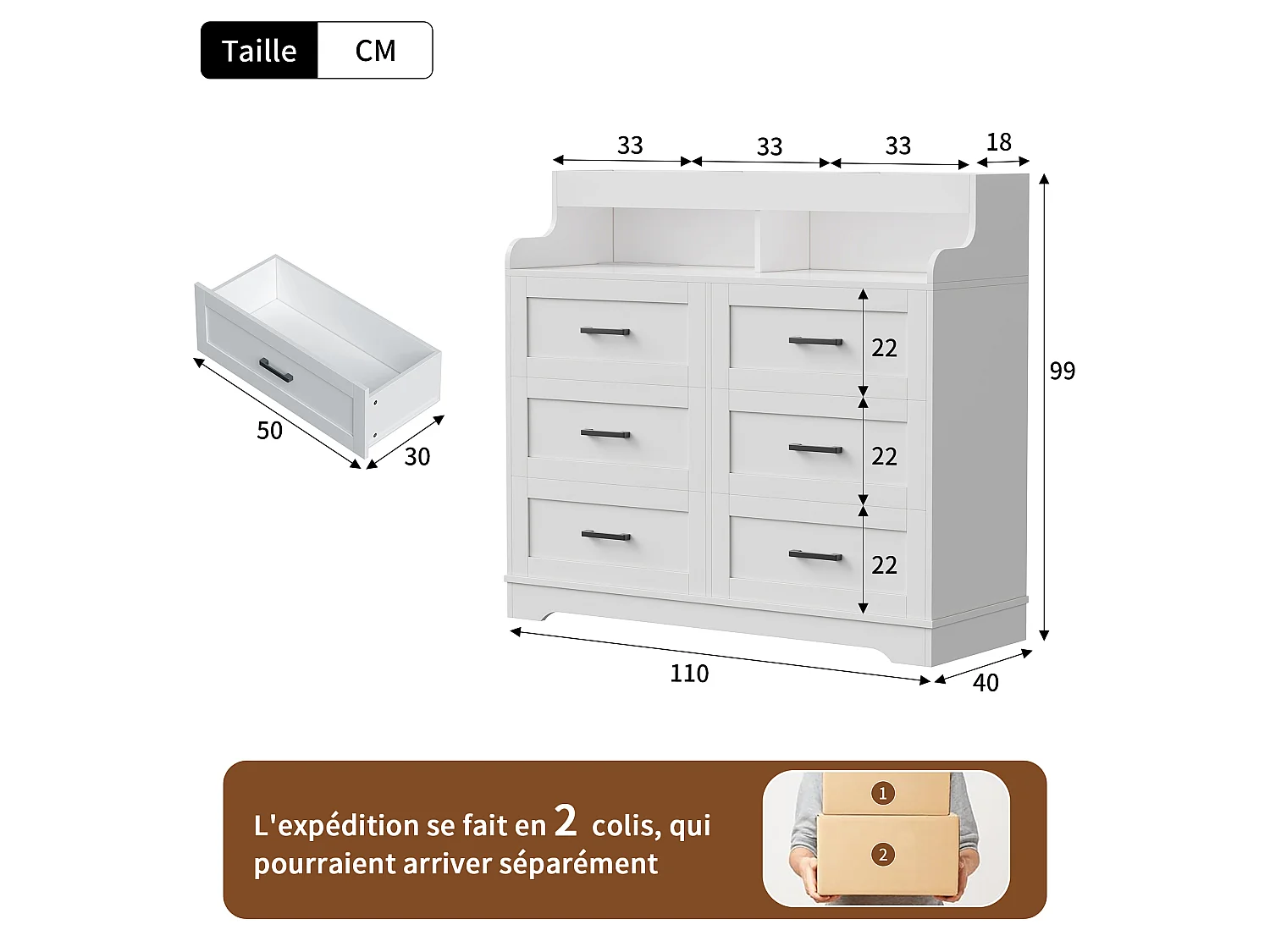 Commode blanche 6 tiroirs 110×40×99 cm avec éclairage RGB-LED et prise européenne, commode en bois style scandinave