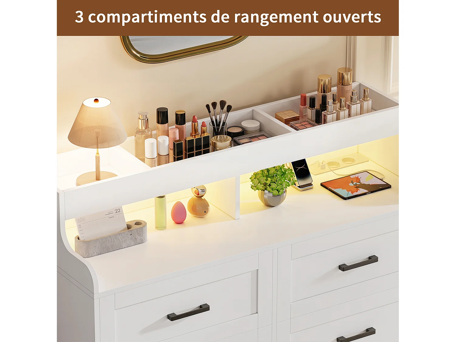 Commode blanche 6 tiroirs 110×40×99 cm avec éclairage RGB-LED et prise européenne, commode en bois style scandinave