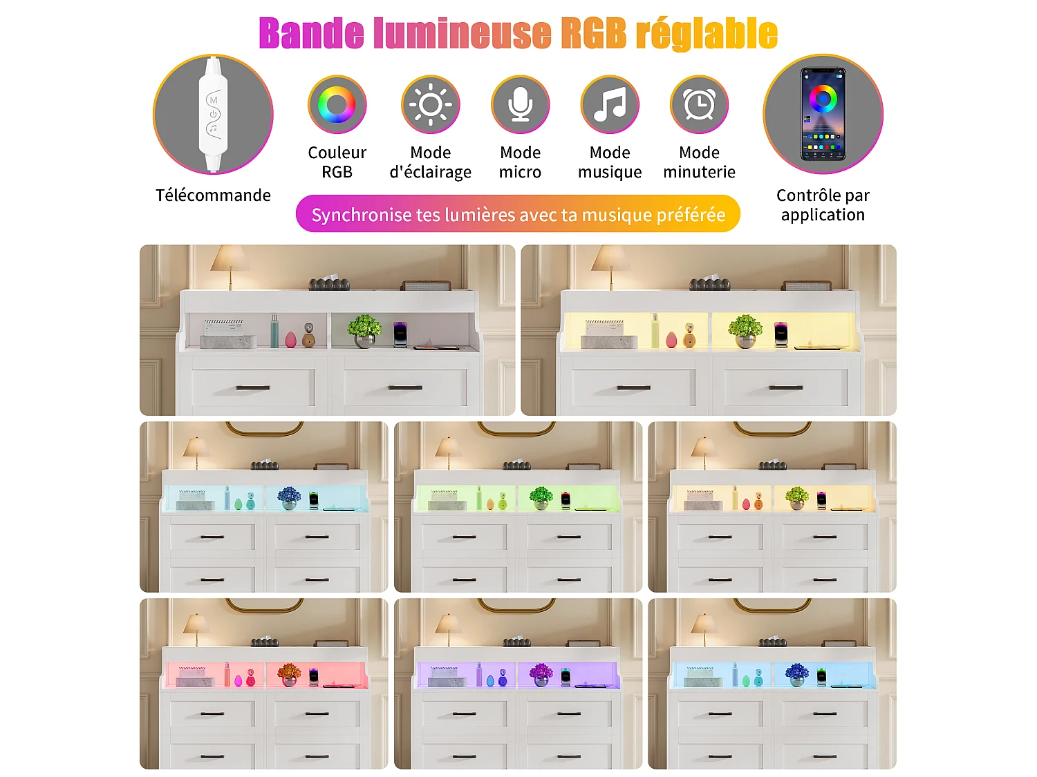 Commode blanche 6 tiroirs 110×40×99 cm avec éclairage RGB-LED et prise européenne, commode en bois style scandinave