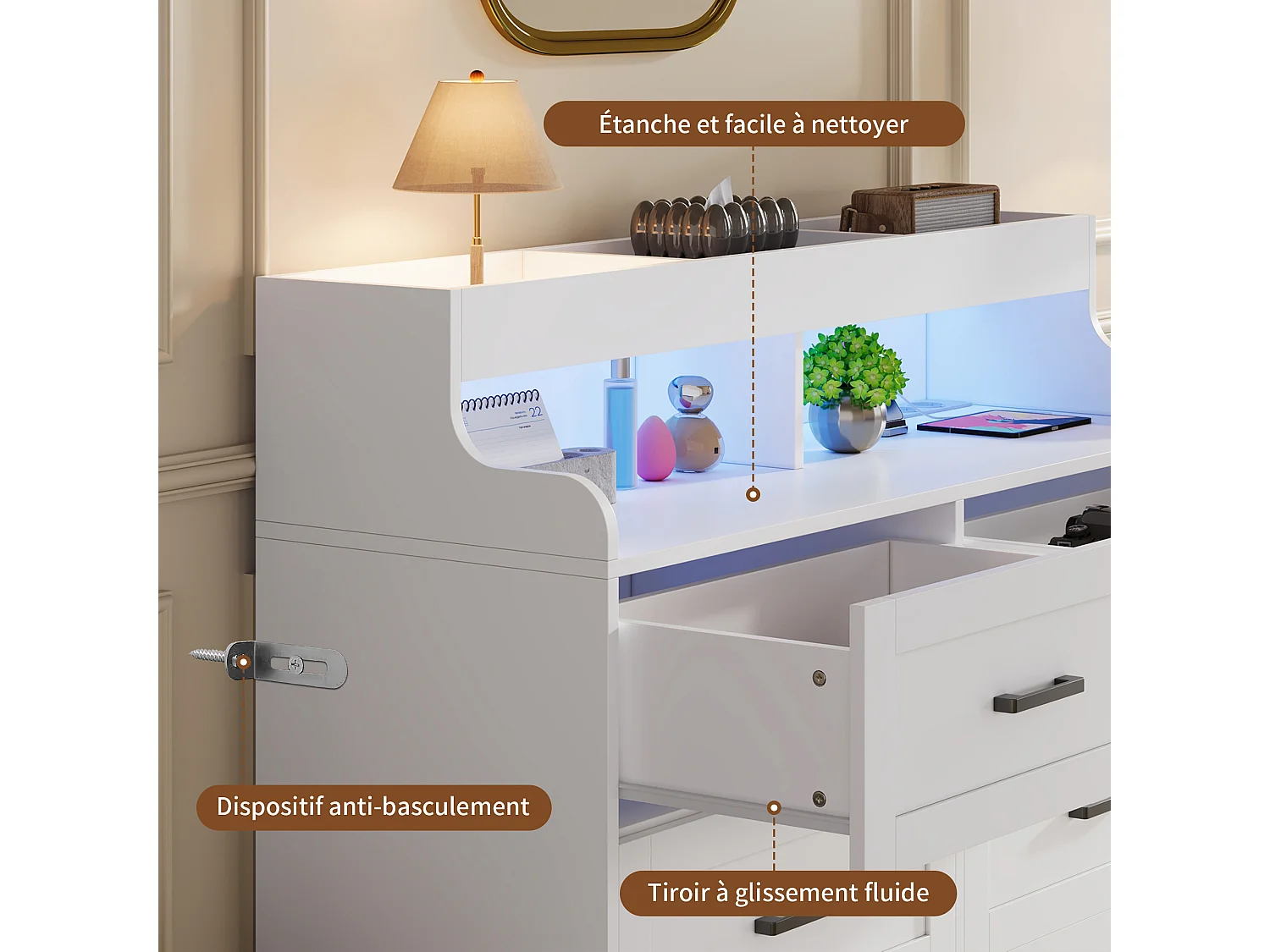 Commode blanche 6 tiroirs 110×40×99 cm avec éclairage RGB-LED et prise européenne, commode en bois style scandinave