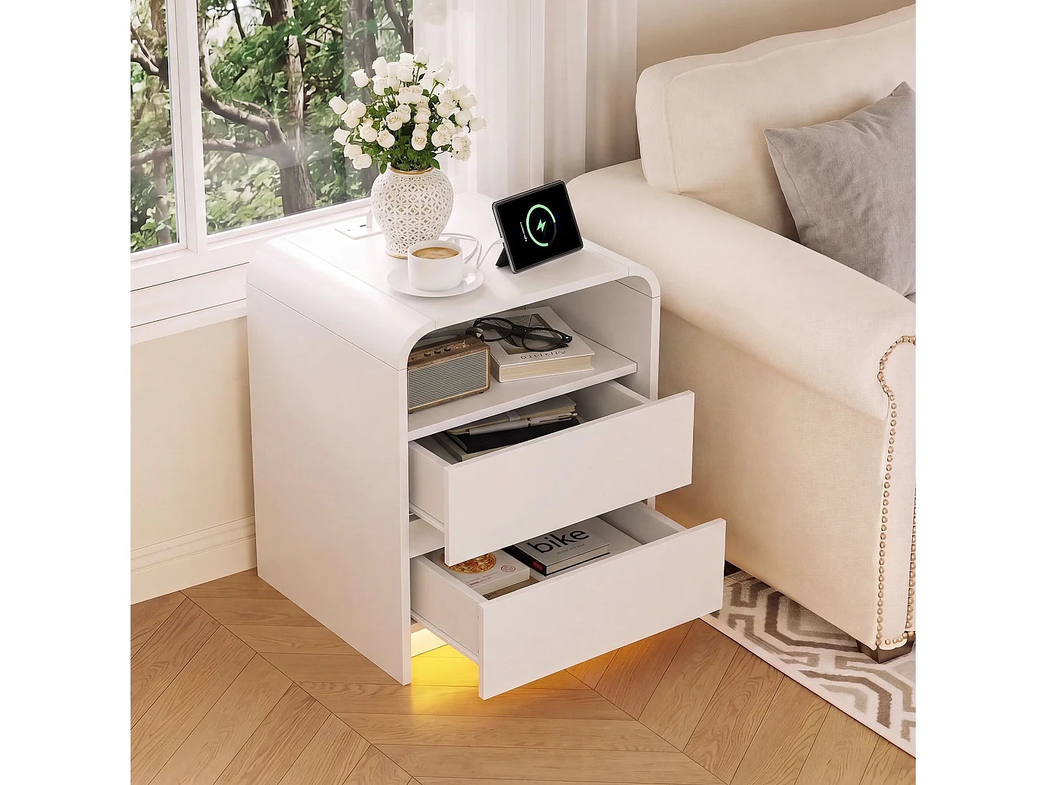 Lot de 2 tables de chevet 57x40x45 cm avec éclairage LED et prise de charge, 2 tiroirs, style minimaliste moderne
