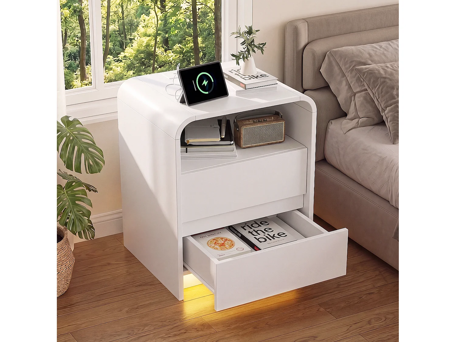 Lot de 2 tables de chevet 57x40x45 cm avec éclairage LED et prise de charge, 2 tiroirs, style minimaliste moderne