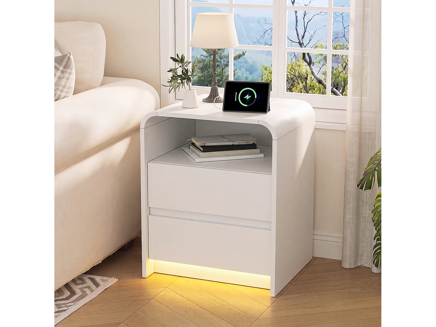 Lot de 2 tables de chevet 57x40x45 cm avec éclairage LED et prise de charge, 2 tiroirs, style minimaliste moderne
