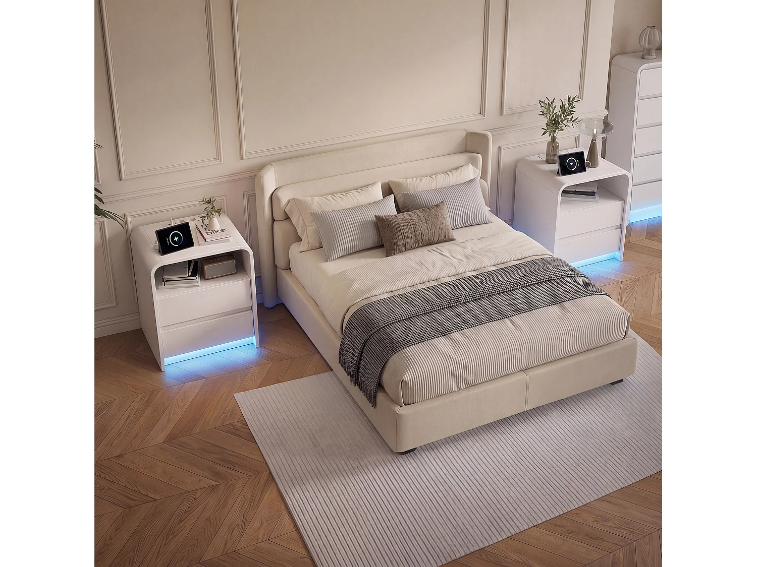 Lot de 2 tables de chevet 57x40x45 cm avec éclairage LED et prise de charge, 2 tiroirs, style minimaliste moderne