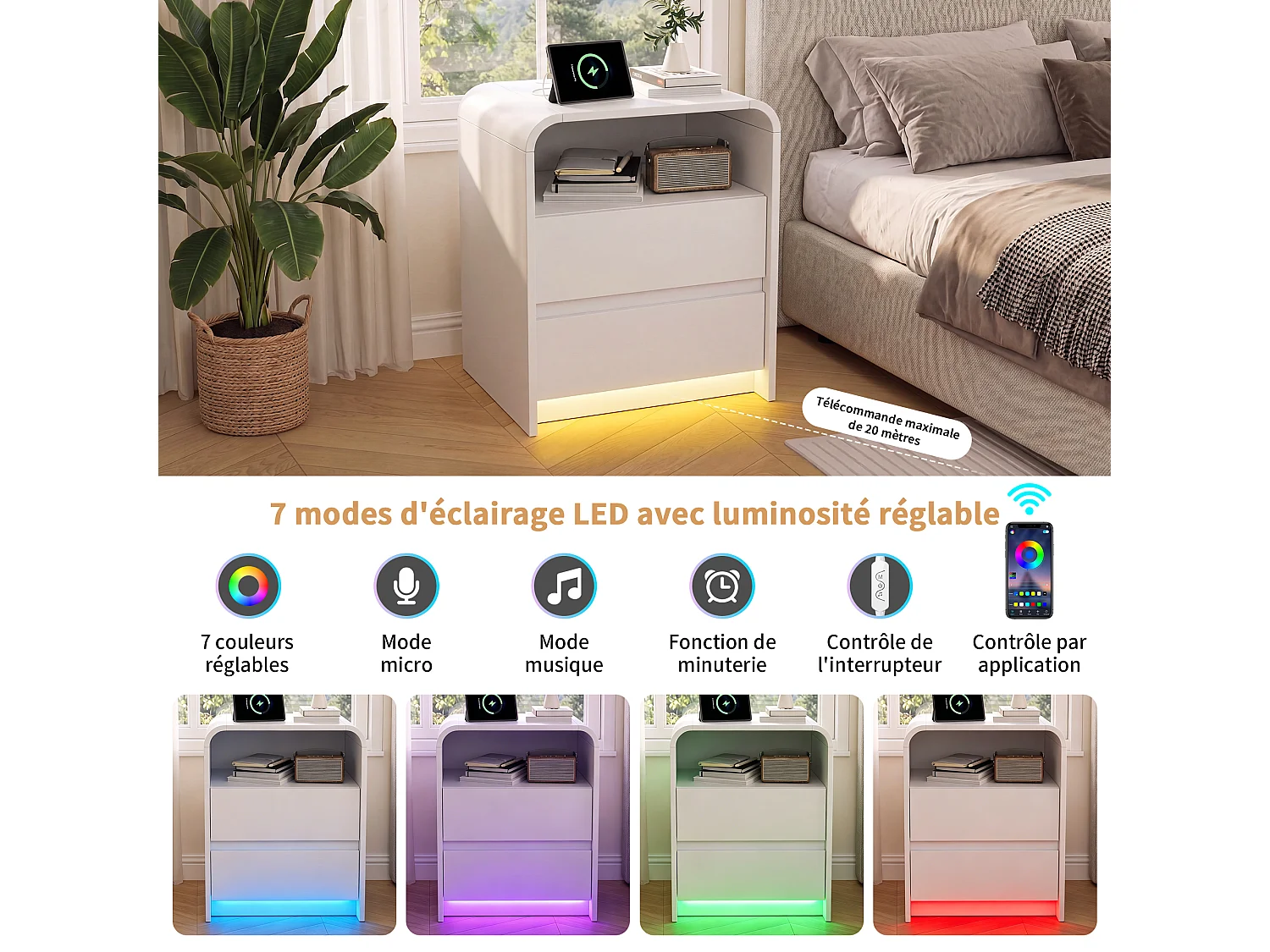 Lot de 2 tables de chevet 57x40x45 cm avec éclairage LED et prise de charge, 2 tiroirs, style minimaliste moderne